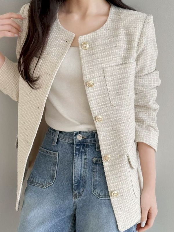 金釦設計感粗花呢外套 名媛風小香外套 中長板外套 小香風,西裝,外套,花呢,名媛,中長板