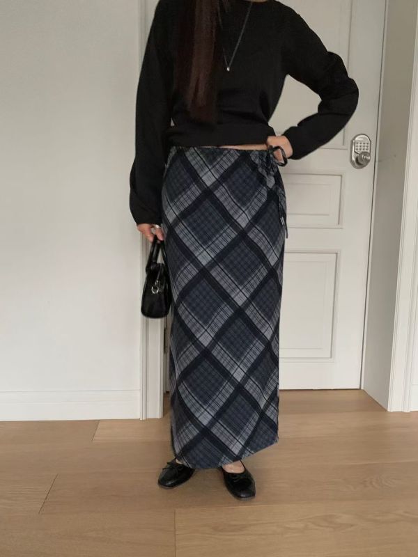 暮色格紋長裙 文藝感抽繩裙子 復古長裙 長裙,格子,格紋,半裙,A字裙,抽繩,復古