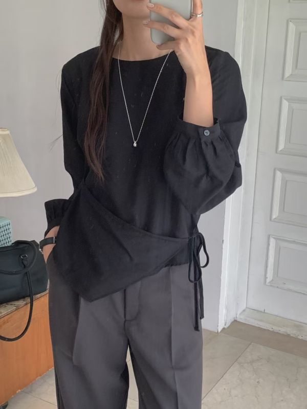 設計感系帶襯衫 前簾圓領襯衫上衣 