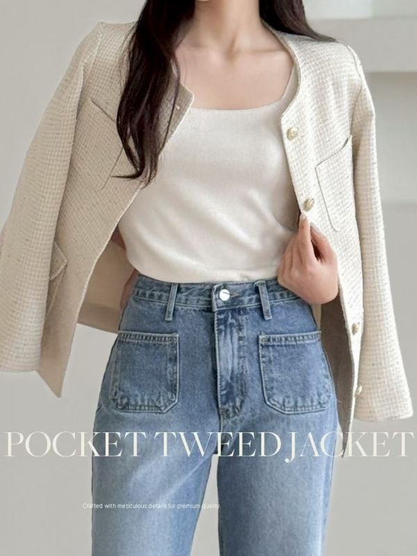 金釦設計感粗花呢外套 名媛風小香外套 中長板外套 小香風,西裝,外套,花呢,名媛,中長板