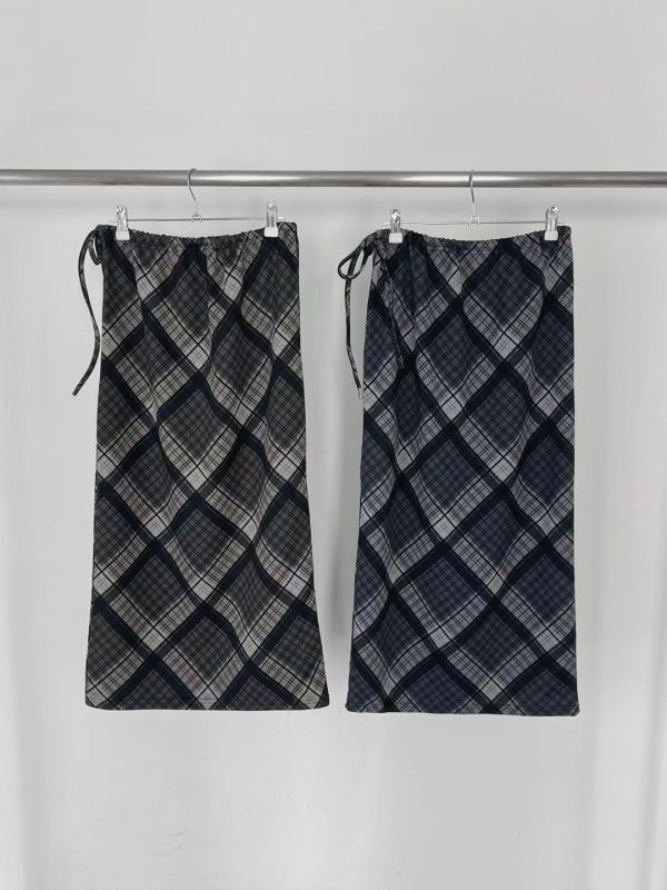 暮色格紋長裙 文藝感抽繩裙子 復古長裙 長裙,格子,格紋,半裙,A字裙,抽繩,復古