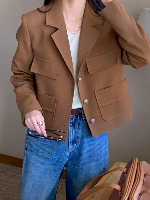 氣質挺版翻領西裝外套  奶油色系西裝短版外套 商務外套 小香風,西裝,外套,多色,西外