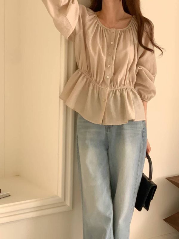 甜美圓領縮腰顯瘦薄透感長袖上衣 輕薄,長袖,縮腰,圓領,寬領,甜美