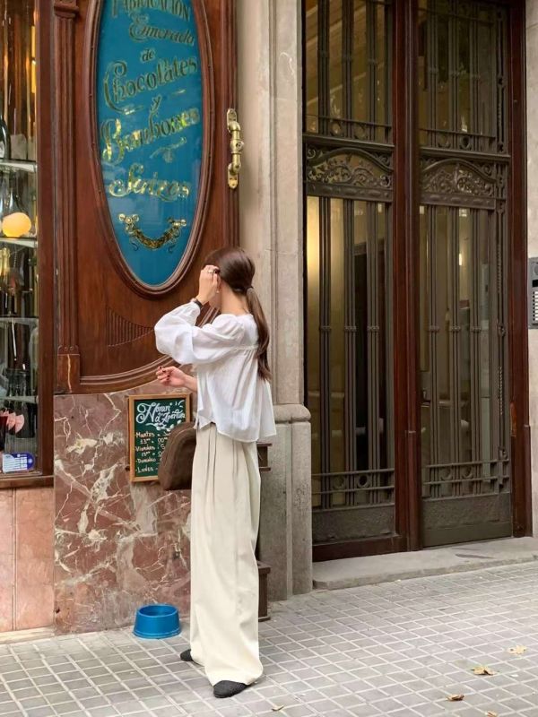 薄款長袖蕾絲荷葉邊襯衫上衣 