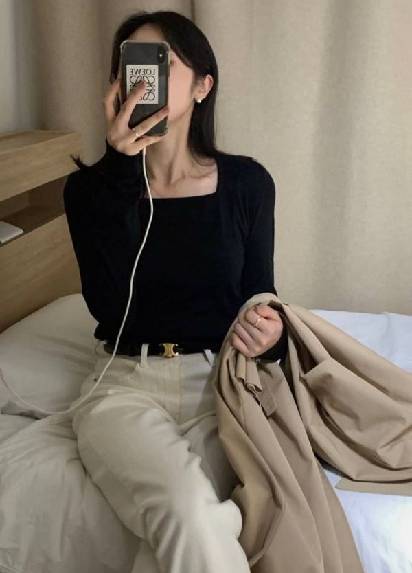 純棉百搭方領長袖上衣 素色打底衣 