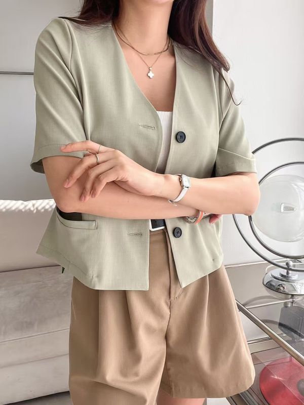 (現貨+預購) 溫柔風氣質無領設計西裝短袖外套 西裝外套,短袖,短版,西裝,外套