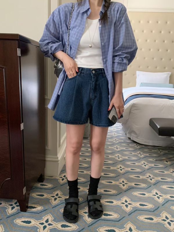 深藍壓單摺闊腿A字牛仔短褲 