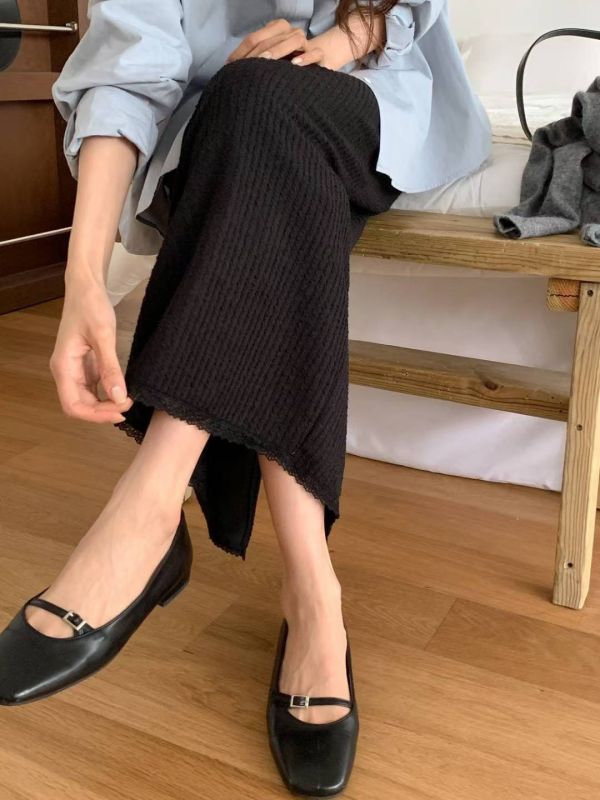 氣質紋理感蕾絲下擺長裙 鬆緊裙子 長裙,半裙,蕾絲,鬆緊