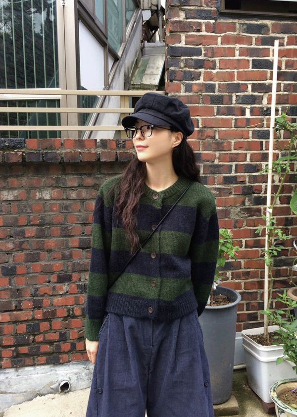 寬條紋撞色毛衣外套 毛衣,外套,條紋,圓領