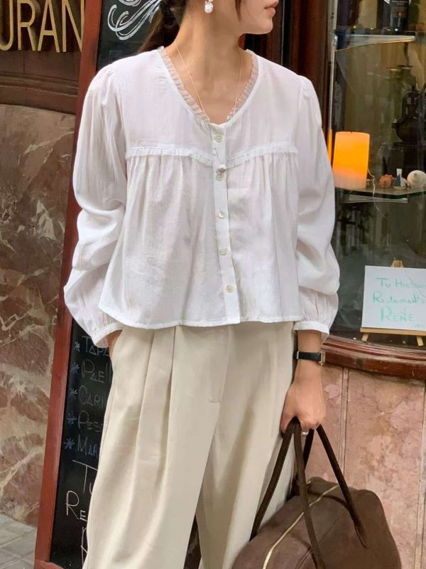 薄款長袖蕾絲荷葉邊襯衫上衣 