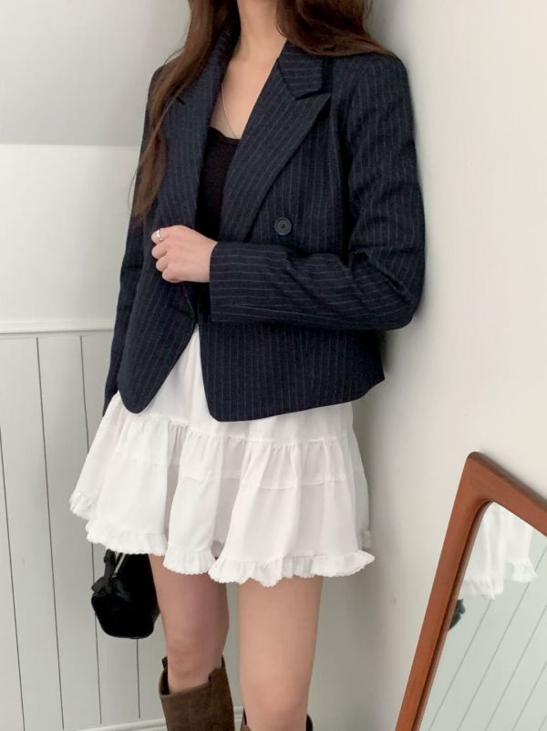 立體剪裁條紋西裝外套  翻領短版外套 商務外套 雙排釦,西裝,外套,短板,條紋,立體剪裁