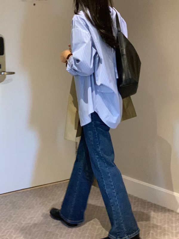 復古百搭微喇叭修身微彈性牛仔長褲 