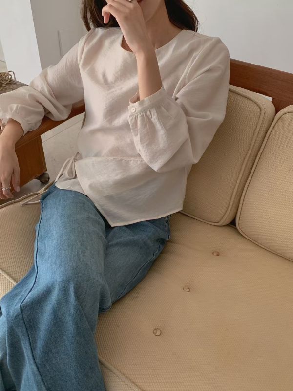 設計感系帶襯衫 前簾圓領襯衫上衣 