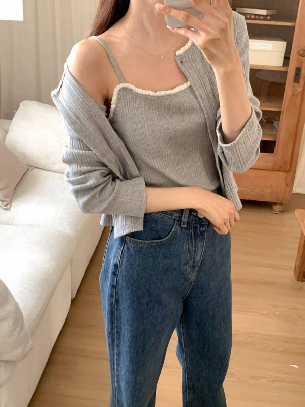 質感坑條短版開釦＋背心針織兩件套 小可愛,兩件式,罩衫,外套,細肩帶