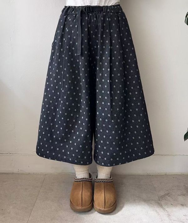 日系復古感圓點寬版 抽繩厚磅長褲 寬褲,點點,腰部鬆緊,寬鬆,長褲,七分褲,褲裙