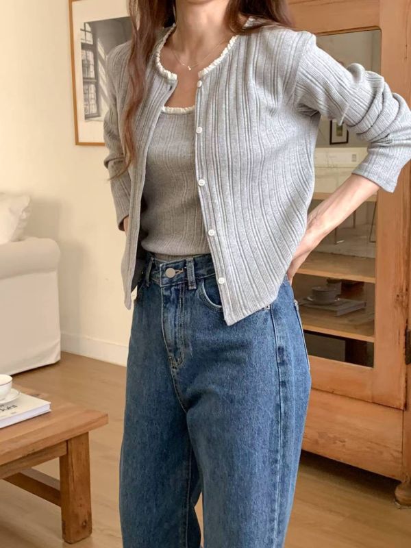 質感坑條短版開釦＋背心針織兩件套 小可愛,兩件式,罩衫,外套,細肩帶