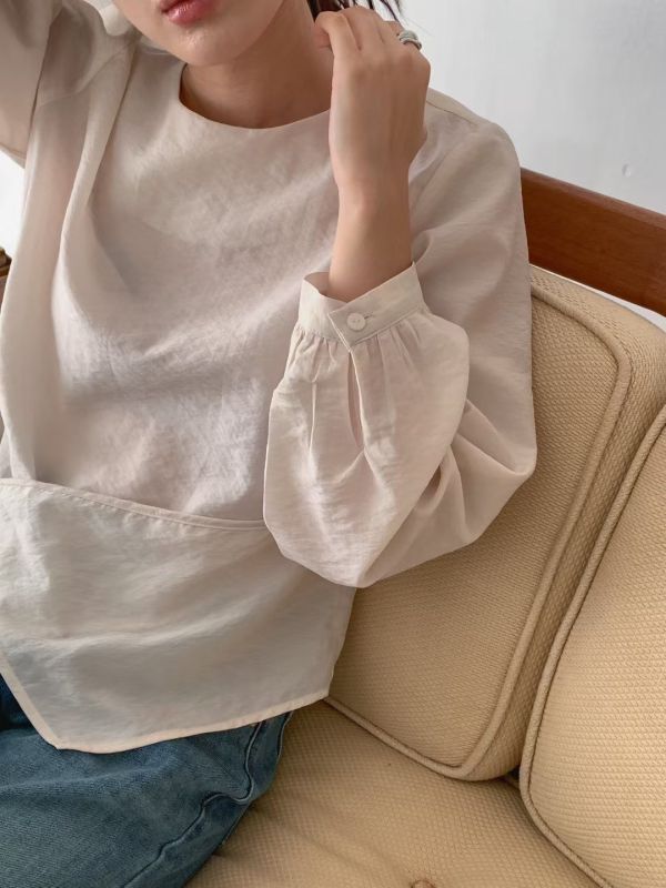 設計感系帶襯衫 前簾圓領襯衫上衣 