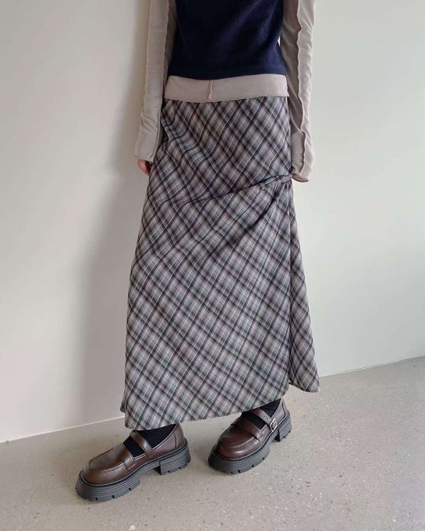 格子顯瘦微魚尾長裙 長裙,格紋,半裙,魚尾裙