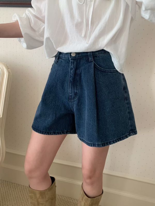 深藍壓單摺闊腿A字牛仔短褲 