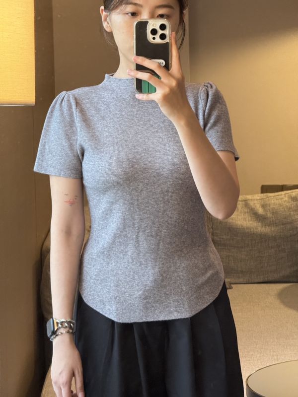 春夏質感微公主袖高領薄款針織軟糯上衣 高領,公主袖,圓弧下擺,修飾身形,短袖上衣,針織短袖