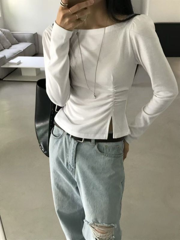 彈力開衩設計貼身長袖上衣 修身側皺長袖T 長袖,修身,開岔,褶皺,薄款