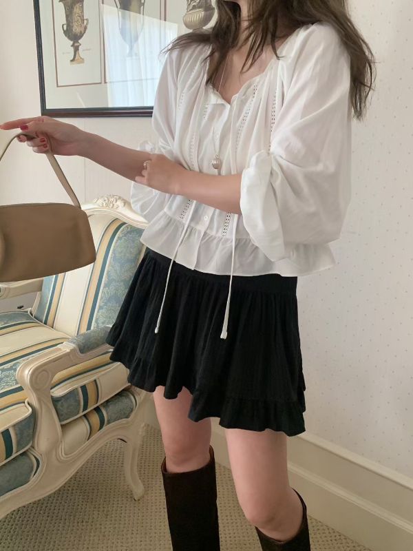 （現貨+預購）質感綁帶荷葉邊短版薄襯衫 罩衫 荷葉邊,襯衫,綁帶,罩衫,薄款