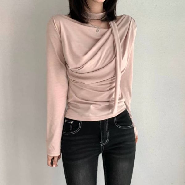 奶油色系 微性感 抓皺長袖上衣+繞脖繩 性感繞脖上衣 法式感上衣 褶皺長袖上衣  V領上衣