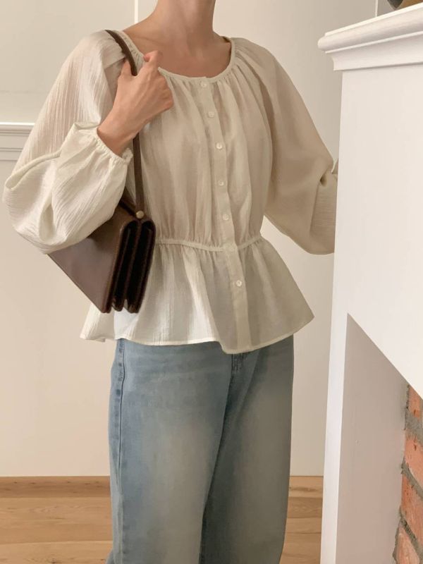 甜美圓領縮腰顯瘦薄透感長袖上衣 輕薄,長袖,縮腰,圓領,寬領,甜美