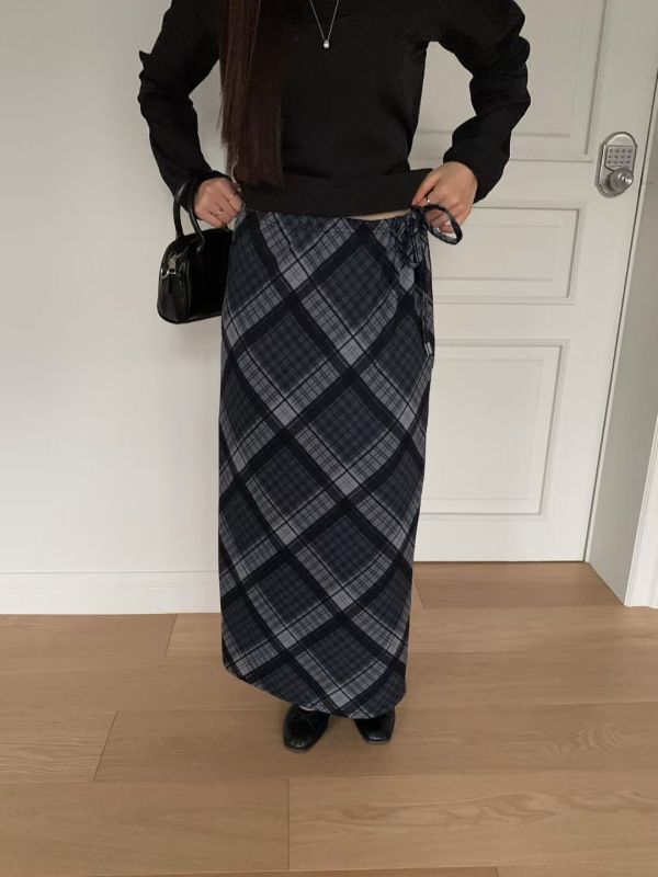 暮色格紋長裙 文藝感抽繩裙子 復古長裙 長裙,格子,格紋,半裙,A字裙,抽繩,復古
