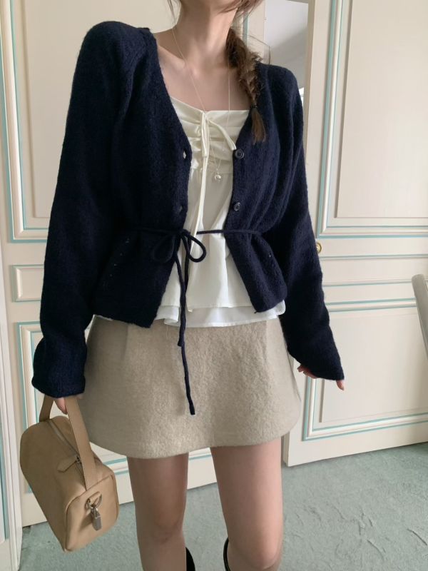 春日感柔色針織綁帶長袖罩衫 鏤空花紋設計感針織上衣 薄毛衣 薄外套 初秋 韓系 不撞款 溫柔 針織外套 長袖 上衣 冬天