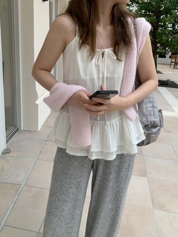 荷葉邊蝴蝶結條紋雙層裙 層次上衣 吊帶背心 東大門 吊帶 背心 可調節背心 層次感穿搭