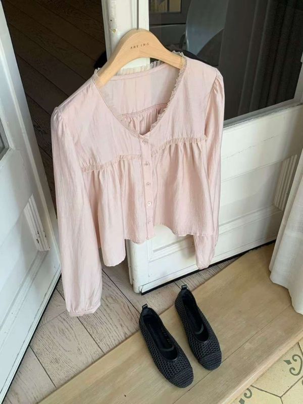 薄款長袖蕾絲荷葉邊襯衫上衣 