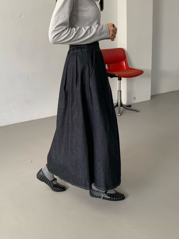 原色單寧鬆緊腰長裙 牛仔裙 原色,單寧,長裙,牛仔,牛仔裙