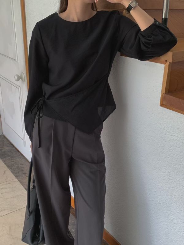 設計感系帶襯衫 前簾圓領襯衫上衣 