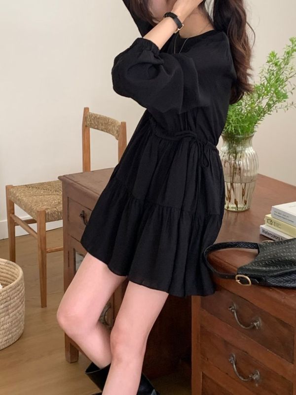 （現貨+預購）氣質甜美腰部抽繩 長袖短洋裝 洋裝,連衣裙,長袖,短版,短洋