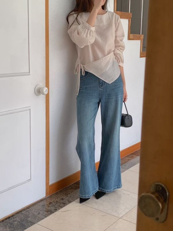 設計感系帶襯衫 前簾圓領襯衫上衣 