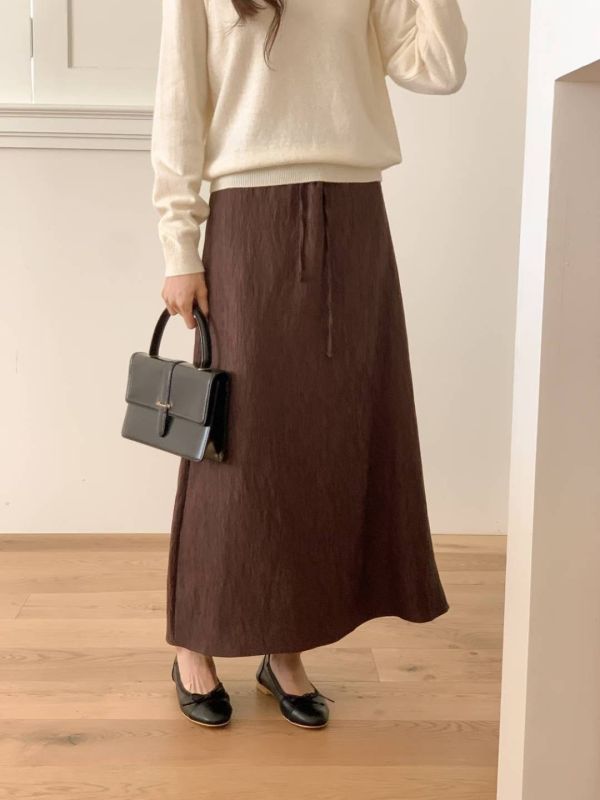 抽繩綁帶褶皺質感A字長裙 長裙,半裙,鬆緊腰,A字裙,抽繩,褶皺