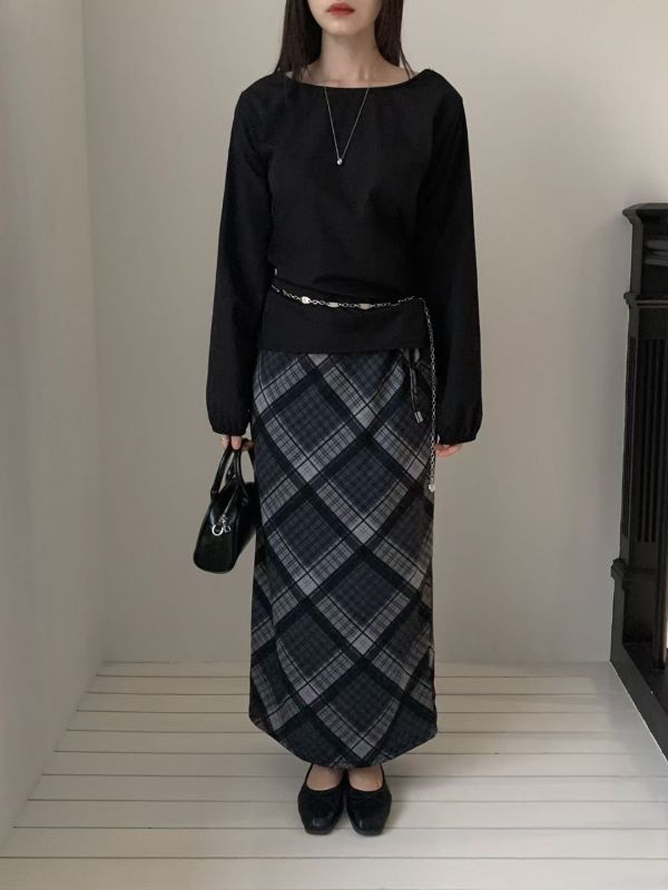 暮色格紋長裙 文藝感抽繩裙子 復古長裙 長裙,格子,格紋,半裙,A字裙,抽繩,復古