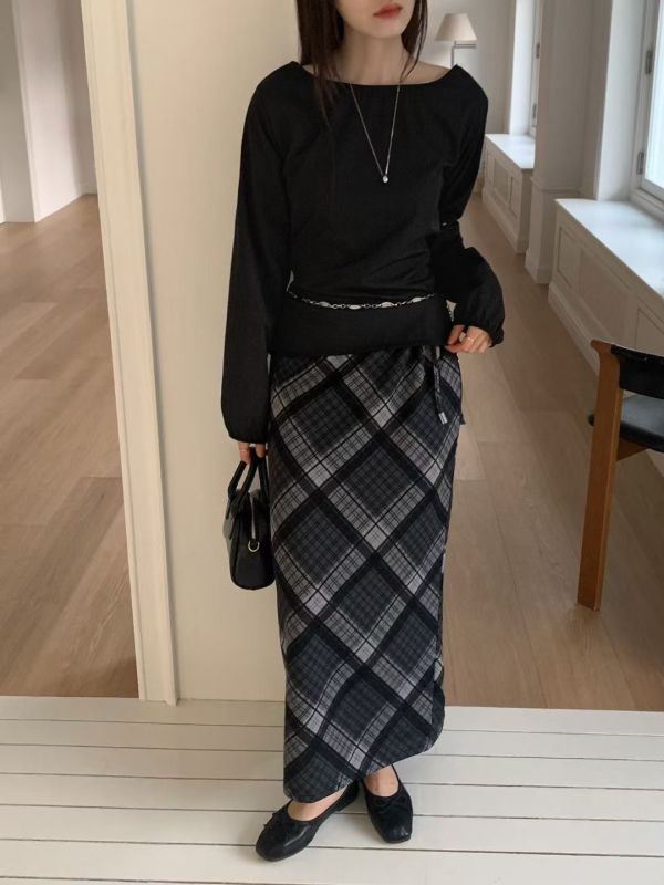 暮色格紋長裙 文藝感抽繩裙子 復古長裙 長裙,格子,格紋,半裙,A字裙,抽繩,復古