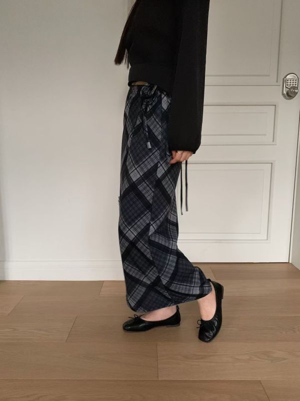 暮色格紋長裙 文藝感抽繩裙子 復古長裙 長裙,格子,格紋,半裙,A字裙,抽繩,復古