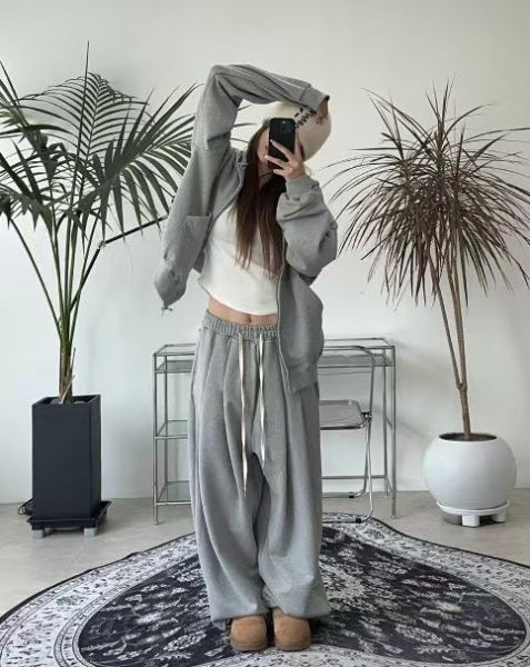 OVERSIZE 男女共穿A字打摺棉褲 純棉雙向拉鍊連帽外套 休閒套裝 unisex 套裝,oversize,寬板,外套,棉褲,休閒