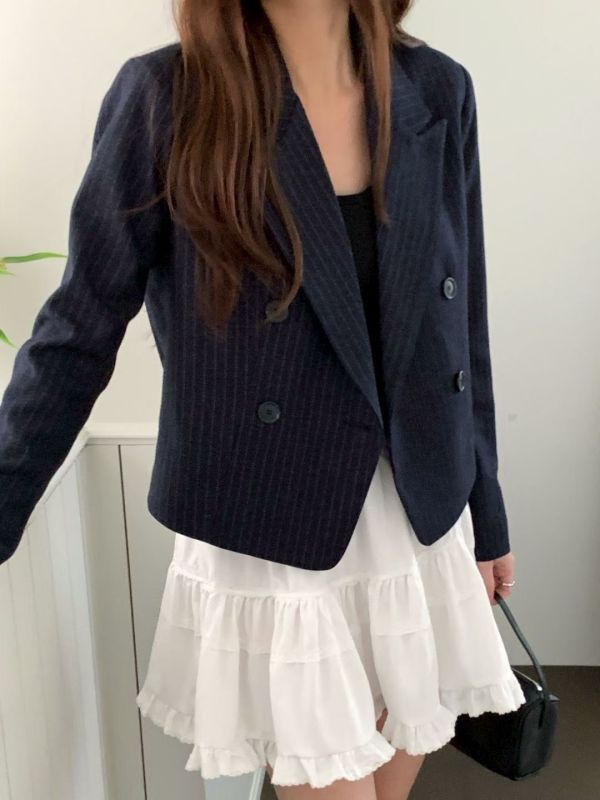 立體剪裁條紋西裝外套  翻領短版外套 商務外套 雙排釦,西裝,外套,短板,條紋,立體剪裁