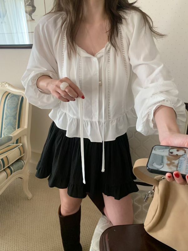 （現貨+預購）質感綁帶荷葉邊短版薄襯衫 罩衫 荷葉邊,襯衫,綁帶,罩衫,薄款