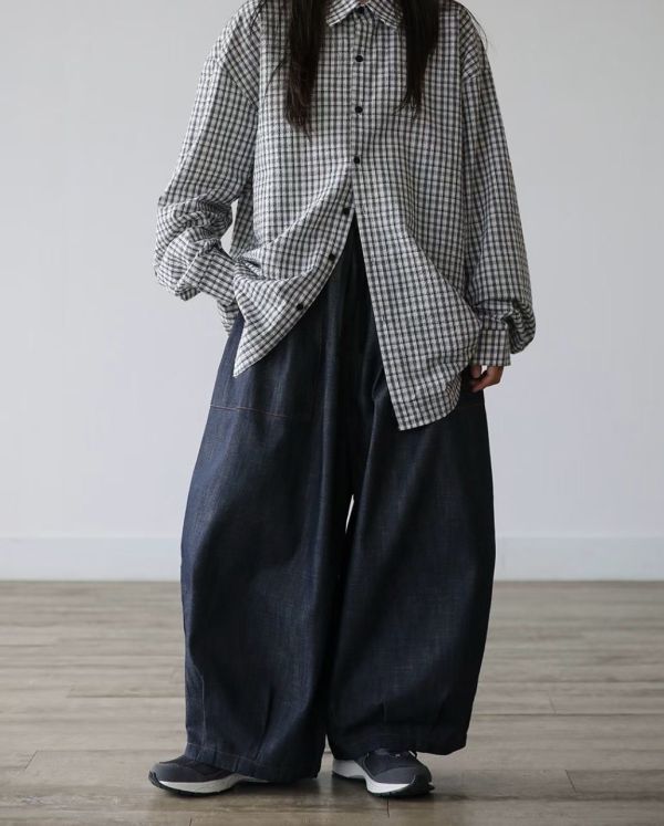 不退色丹寧氣球褲 繭型褲 寬褲 鬆緊牛仔褲 氣球褲,繭型褲,寬褲,鬆緊,日系復古,OVERSIZE