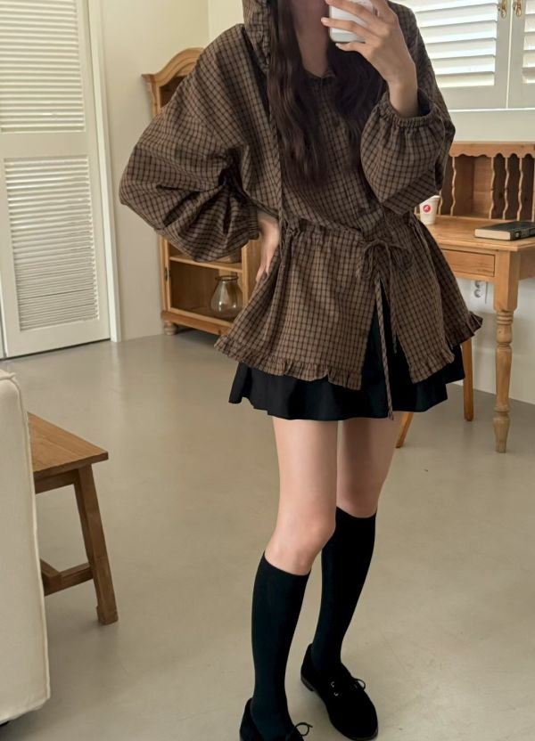 【TIZZI】鹽甜風格子連帽腰部抽繩長袖襯衫 長版上衣 格子,襯衫,罩衫,抽繩,收腰,長板,連帽襯衫