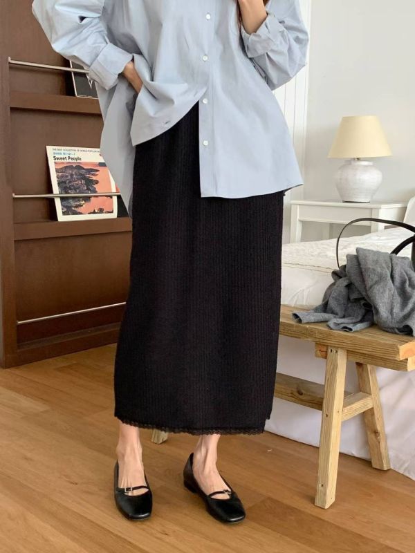 氣質紋理感蕾絲下擺長裙 鬆緊裙子 長裙,半裙,蕾絲,鬆緊