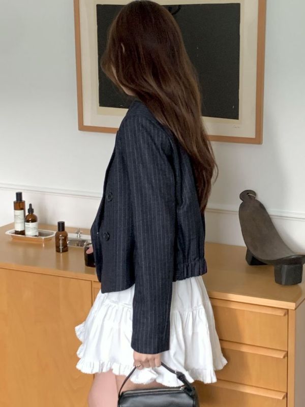 立體剪裁條紋西裝外套  翻領短版外套 商務外套 雙排釦,西裝,外套,短板,條紋,立體剪裁