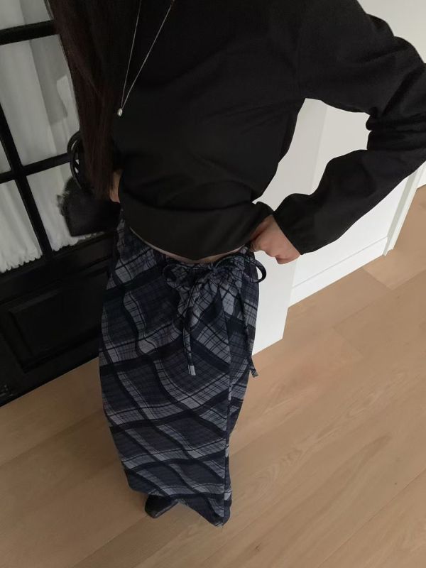 暮色格紋長裙 文藝感抽繩裙子 復古長裙 長裙,格子,格紋,半裙,A字裙,抽繩,復古