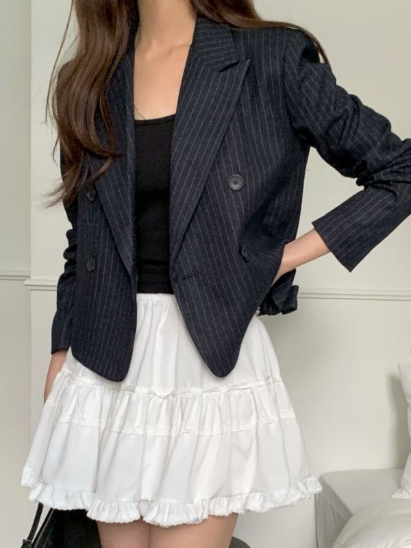 立體剪裁條紋西裝外套  翻領短版外套 商務外套 雙排釦,西裝,外套,短板,條紋,立體剪裁