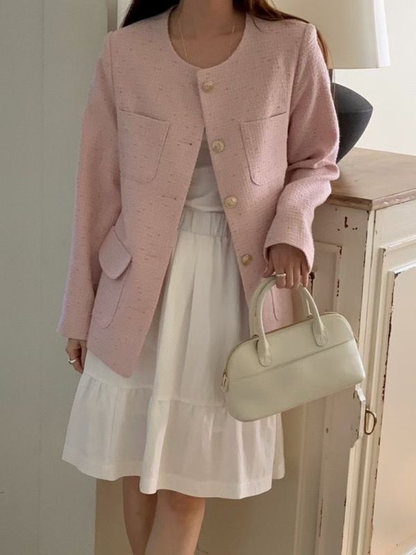 金釦設計感粗花呢外套 名媛風小香外套 中長板外套 小香風,西裝,外套,花呢,名媛,中長板